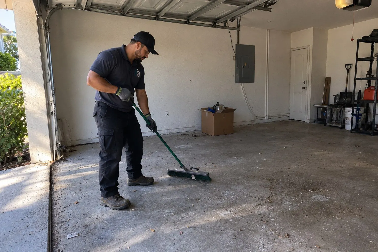 Uniformed junk removal worker sweeping a garage after pickup
