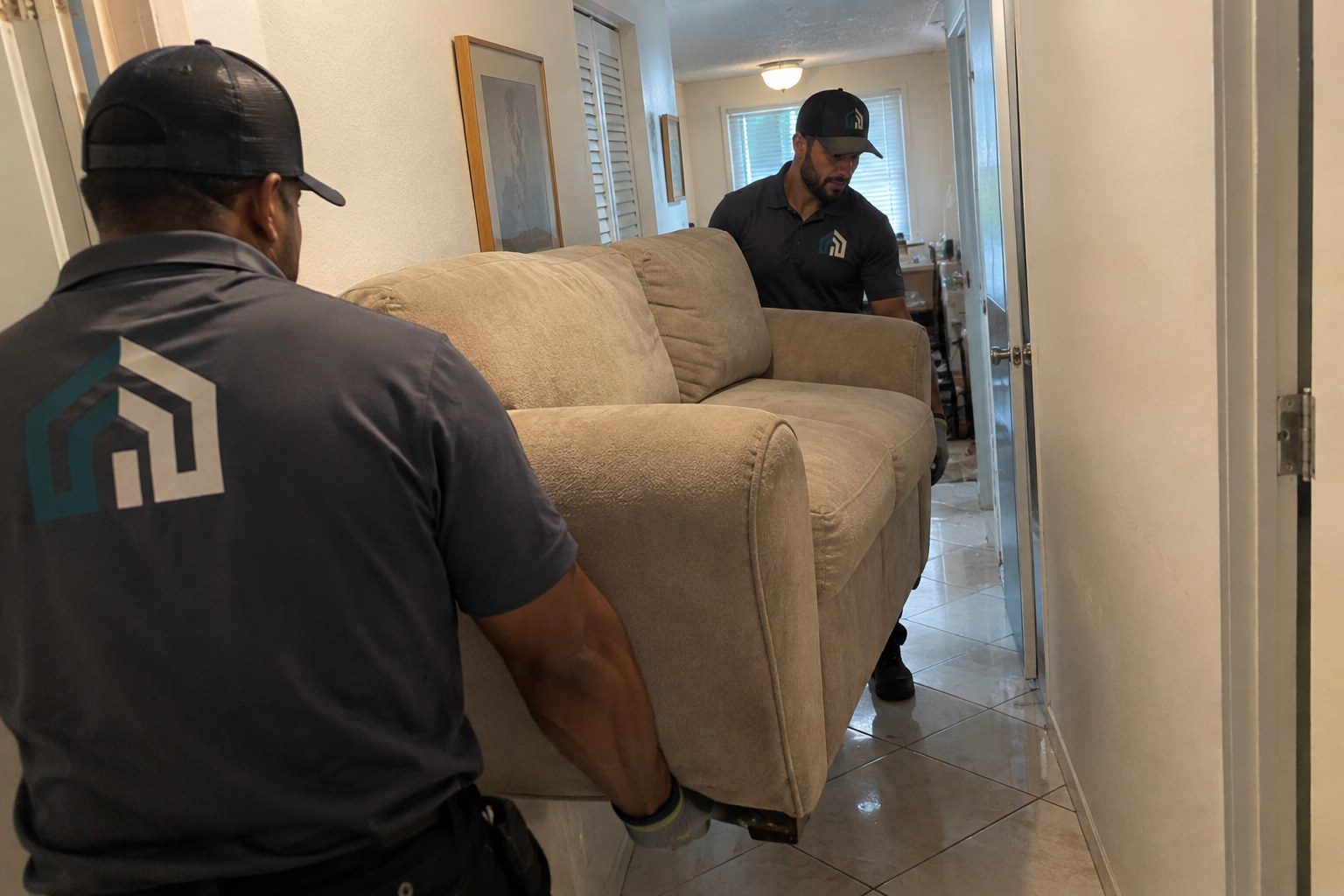 Uniformed junk removal crew carefully moving a sofa through a hallway