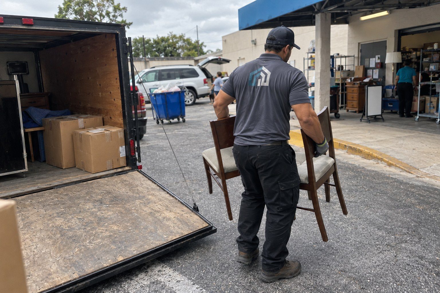 Uniformed junk removal worker unloading reusable furniture for donation