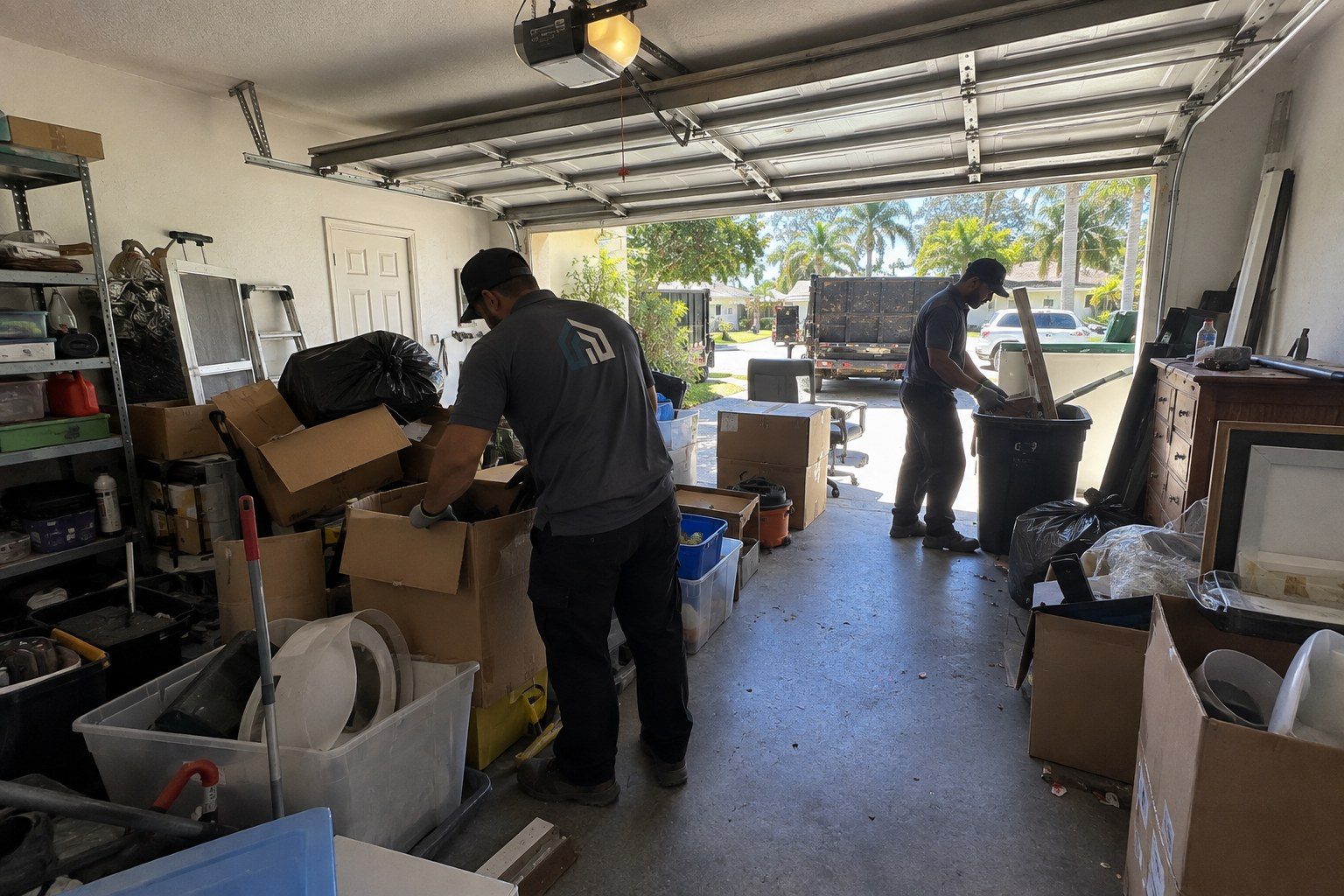 Uniformed junk removal crew sorting items during a garage cleanout