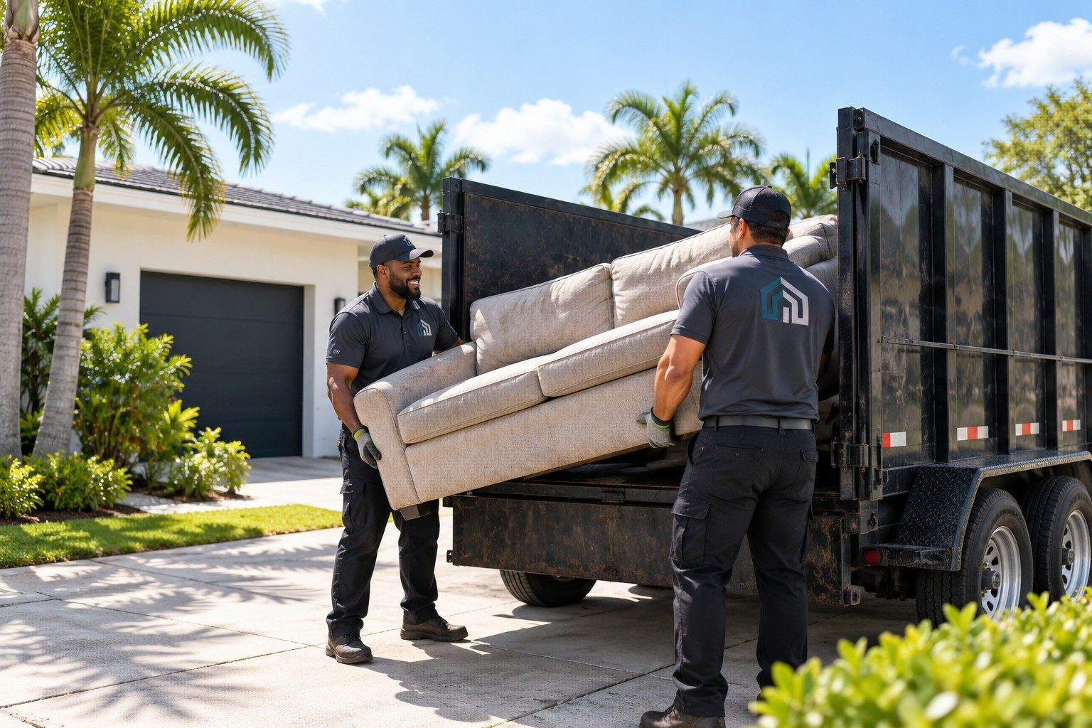 Junk removal crew loading a sofa into a dumpster trailer in Hollywood Florida