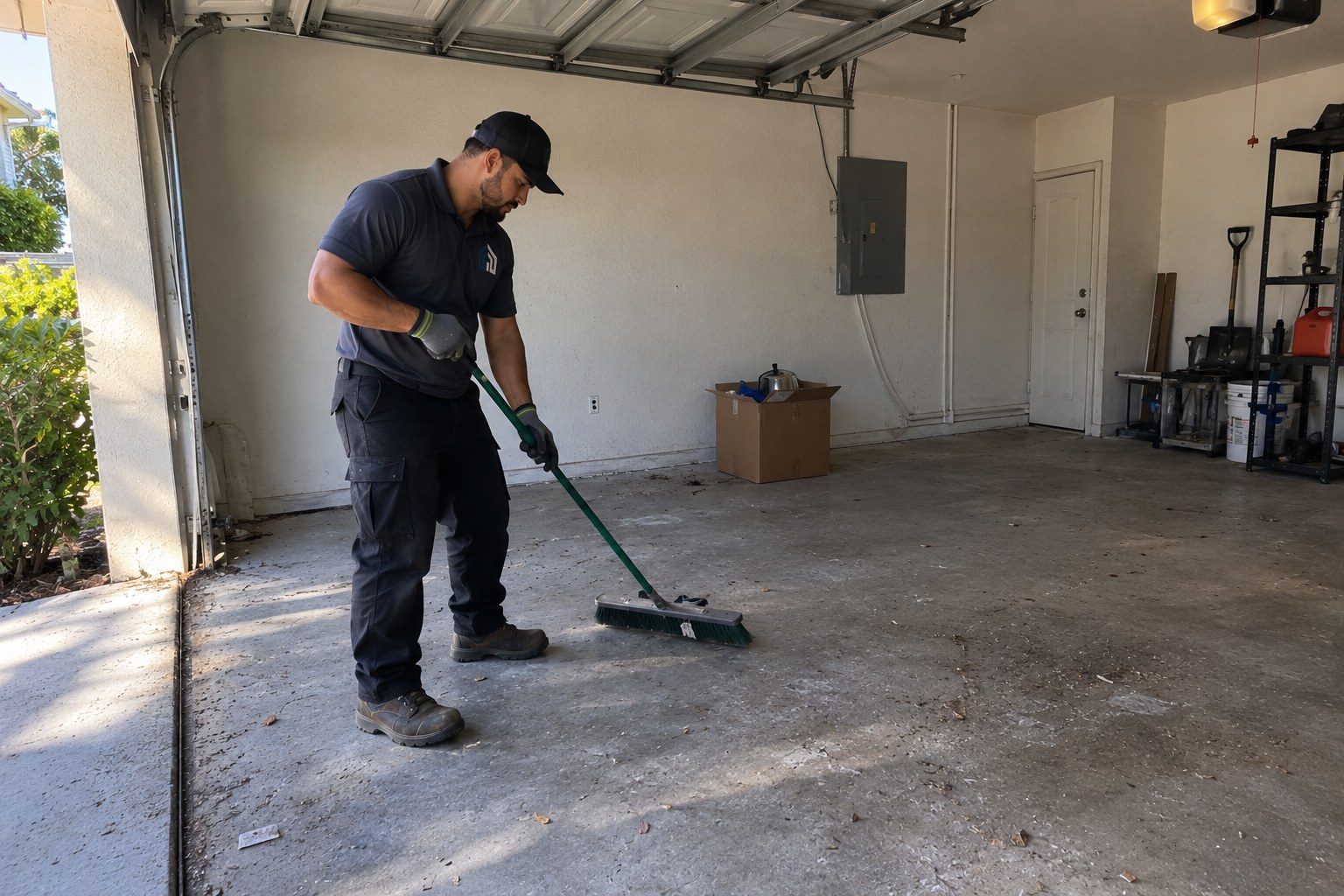 Uniformed junk removal worker sweeping a garage after pickup